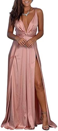 Women's Deep V Neck Backless Spaghetti Strap High Split Floral Maxi Dress Cocktail Party Long Dress