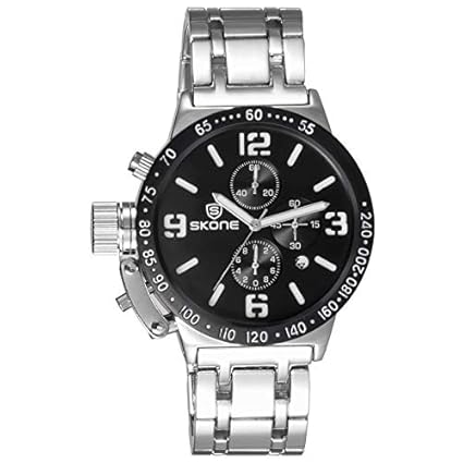 SKONE Japanese Quartz Real Chronograph Luxury Business Style Stainless Steel Waterproof Wristwatch for Left Hand Men Skone 7393 - Silver Black