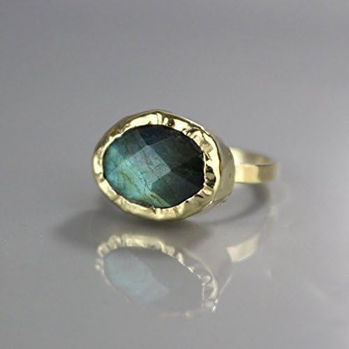 Designer 9K Solid Gold Rose Cut Labradorite Oval Engagement Ring, Statement Gemstone Wedding Ring