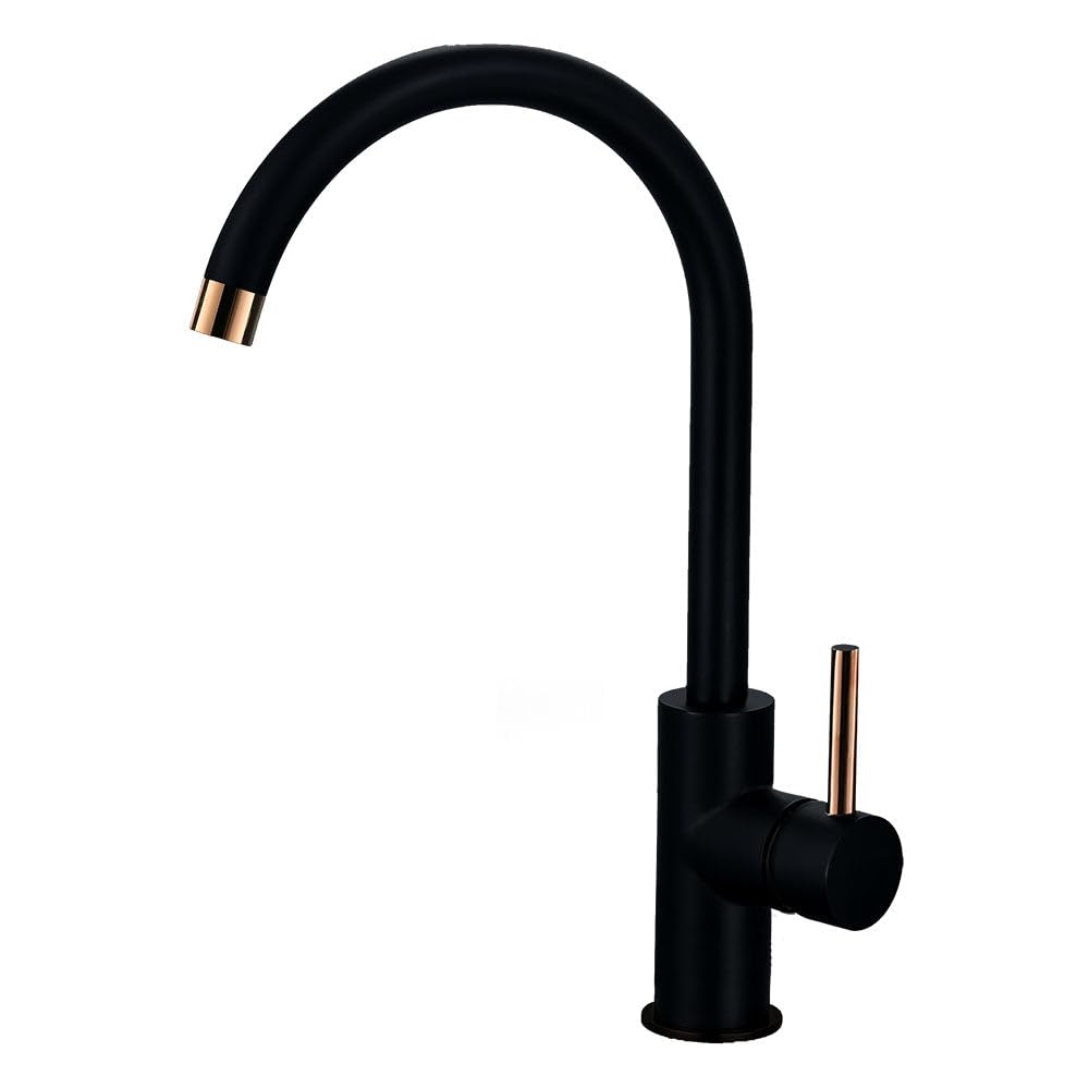 Black Zen Model High Spout Sink Mixer Tap Round Brass with Black and Rose Gold Finish Total Height 36.5 cm