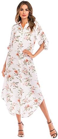Women's Plus Size Floral Button Down Roll Up Or Drawstring Long Sleeves Maxi Shirt Dress