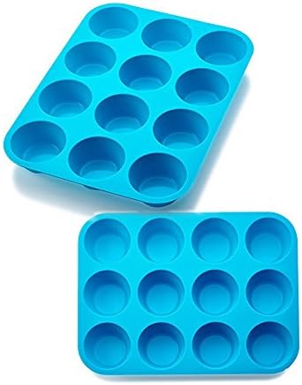 Wolecok Silicone Muffin Cupcake Baking Pans, Non-Stick, Easy To Clean, Oven/Microwave/Dishwasher/Freezer safe, Heat Resistant up to 450°F (12 Cup, Blue)