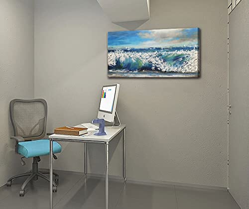 Canvas Wall Art Blue Abstract Seascape Painting Large Size Ocean Waves Single Picture Print, Blue Sky And White Clouds Modern Scenery Sailing Boat In The Ocean Art Frame Living Room Bedroom Home