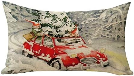 HL HLPPC Merry Christmas Throw Pillow Case Christmas Tree Red Truck Pillow Cover Holiday Rectangle 12 x 20 Inches Decorative Cotton Linen Cushion Cover for Sofa and Bed One Side Print(H6)