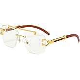 Junsika Oversized Rimless Square Sunglasses for Men Women Classic Retro Designer Imitation Wooden Sunglasses