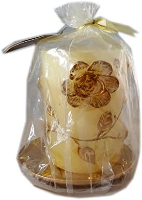 Scented Spring Rose Sculpted Large 6x4 Pillar Candle w/ Dish Gold