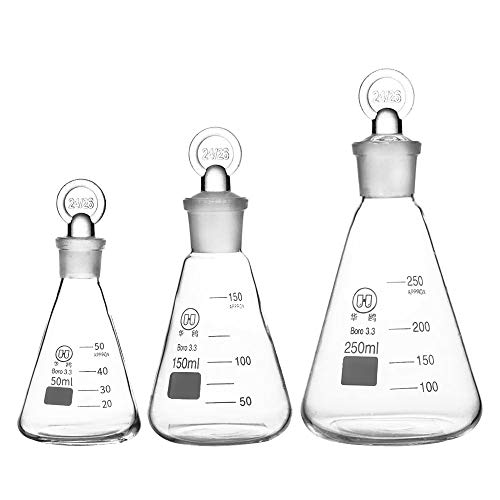 Erlenmeyer Conical Flask with Glass Stopper and Graduation,Borosilicate 3.3 Glass,Lab Glassware,Set of 50ml 150ml 250ml