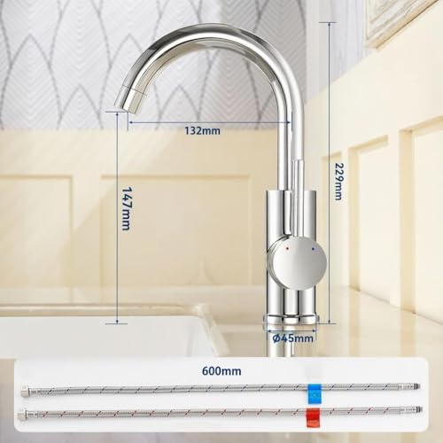Auralum 360° Swivel Basin Tap, High Bathroom Mixer Tap, Cold and Hot Water Available, Removable Aerator, Classic Chrome, 60 cm Hose
