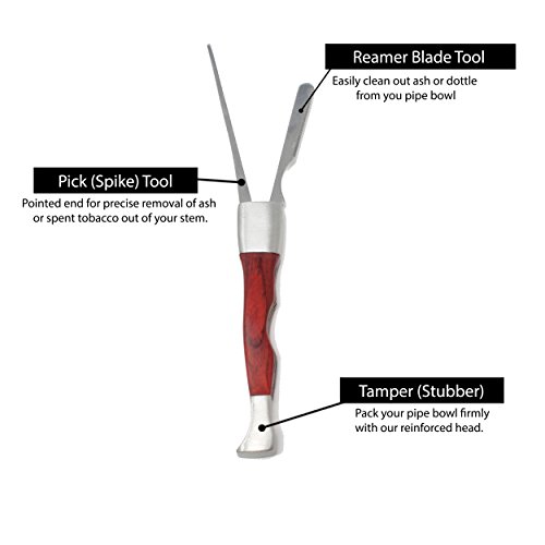 3-n-1 Tobacco Pipe Tool - Rosewood and Stainless Steel. 3 in 1 Tool Features a Pipe Chamber Reamer, Bowl Spike and Reinforced Tamper (Red)
