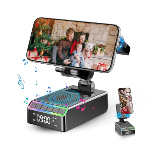 Phone Stand with Bluetooth Speaker & Clock, Gifts for Men Women, Birthday Gifts for Him, 9-in-1 Design Induction Speaker, Anti-Slip Base, Phone Holder with Wireless Speaker, Tech Gadgets Gift for Men
