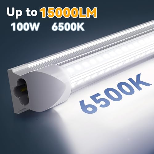 JESLED 8FT LED Shop Light, 100W 15000LM 6500K Cool White, High Output, V Shape, T8 Linkable 8 Foot Tube Lights for Garage, Warehouse, Plug and Play, Clear Cover, 10 Pack