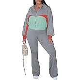 HBQ Women's Color Block 2 Piece Tracksuit Sets Long Sleeve Zip Up Crop Jacket and Flare Pants Casual Y2K Outfit