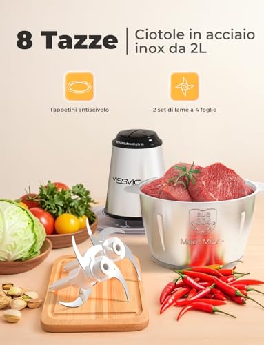 YISSVIC Electric Kitchen Chopper 2L, 500W, 2 Speed, 2×4 Blades, Stainless Steel Bowl, Non-Slip Ring, Dishwasher Safe, for Fruit Vegetables Meat Spices