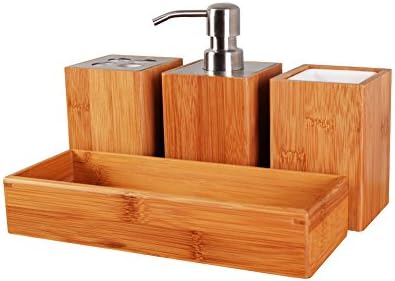 Facilehome Bamboo Bathroom Accessory Set,4-Piece,Soap Dispenser,Square Storage Cup,Toothbrush Holder,Amenity Tray