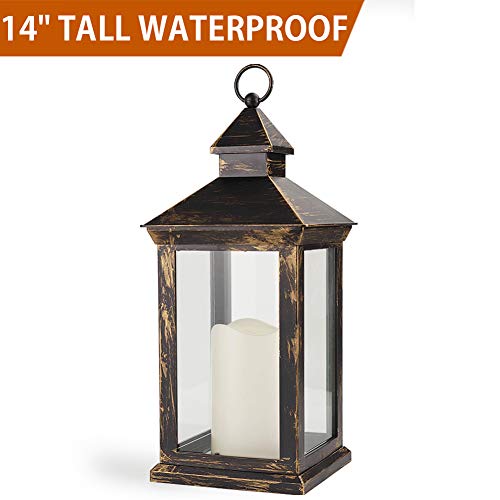 Bright Zeal BZY 14" TALL Vintage Decorative Lantern with LED Pillar Candle (BRONZE, Batteries Included) - Outdoor Lanterns Decorative Hanging 1182