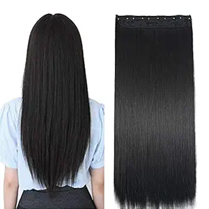 Ekan 1 Piece 5 Clips Hair Extensions For Women+ Free Chinese Base, Black, 80 Gram, Pack Of 1