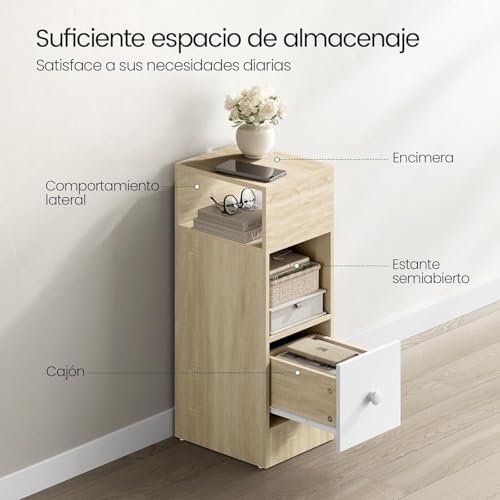 EUGAD 2X Mesas de cabeceira com 2 compartimentos e 1 gaveta, 25x30x66 cm, Mesa de cabeceira para quarto estreita, estilo moderno, Mesa lateral alta de madeira, Carvalho claro, 0192ZZ-2