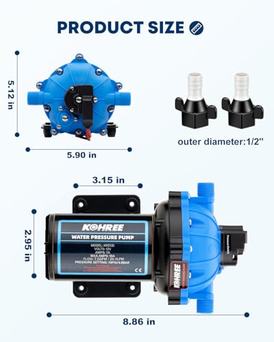 2026 Upgraded Kohree RV Fresh Water Pump 7.5 GPM 70 PSI, 12V DC Water Pump, Self-Priming, Five Chamber Diaphragm Water Pump with Heavy Duty Pressure Switch and Strainer for RV, Marine, Yacht, Caravan