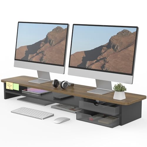 Fenge Dual Monitorständer mit 2 PC Schublade,Bildschirmständer,Braun