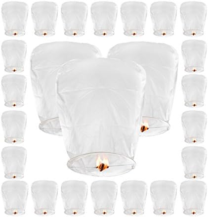 All Natural Goods Chinese Sky Lanterns Wish 25 Pack Eco Friendly Fully Assembled 100% Biodegradeable (Set of 25 White, Wire Free Sky Lanterns) For Weddings, Birthdays, Memorials &amp; More!