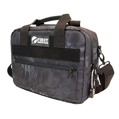 Pistol Case Range Bag for Handguns by FirstChoice; 2-4 Gun Padded Tactical Handgun Soft Case, Lockable Zippers w/Padlock, 3 Mini-Holsters, 8 Mag Slots, 4 Pockets, Range Mat (Black Kryptek Camo)