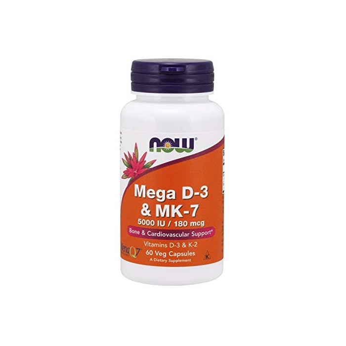 NOW Supplements, Mega D-3 & MK-7 with Vitamins D-3 & K-2, 5,000 IU/180 mcg, Bone & Cardiovascular Support*, 60 Veg…