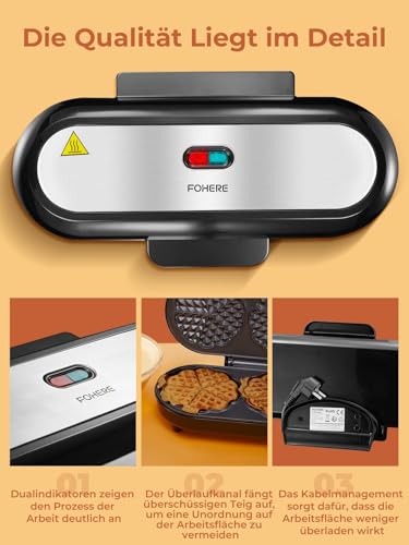 FOHERE King Size Waffle Iron, 15 Heart Waffles in 2 Minutes, Heart Waffle Iron with 3 Non-Stick Baking Surfaces for Classic Heart Wafers, Baking Tray, Stainless Steel, Ideal for Family & Party (Silver)