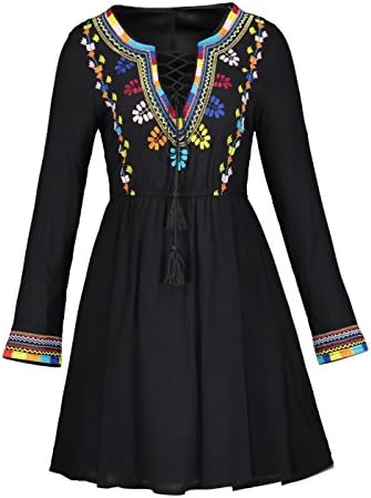 Bohoartist Full Sleeve Black Printed Boho Lace up V Neck Cotton Women Dress