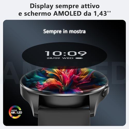 Blackview Smartwatch Uomo Donna, Effettua e Rispondi alle Chiamate, Orologio Smartwatch Fitness con 1.43' HD AMOLED/112+ Sportive/SpO2/Monitoraggio del Sonno/Cardiofrequenzimetro per Android IOS
