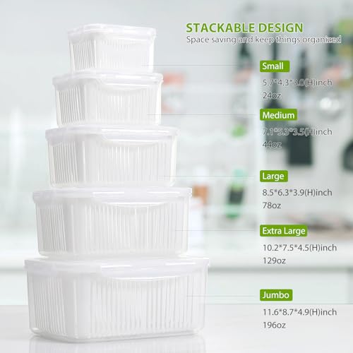 Luxear Produce Contenedores de Almacenamiento sin Bpa, Almacenamiento de Verduras y Frutas Frescas con Sistema de Control de Ventilacion y Division Ajustable, 5 Contenedores 0.7+1.35+2.3+3.8+5.8 L, Blanco