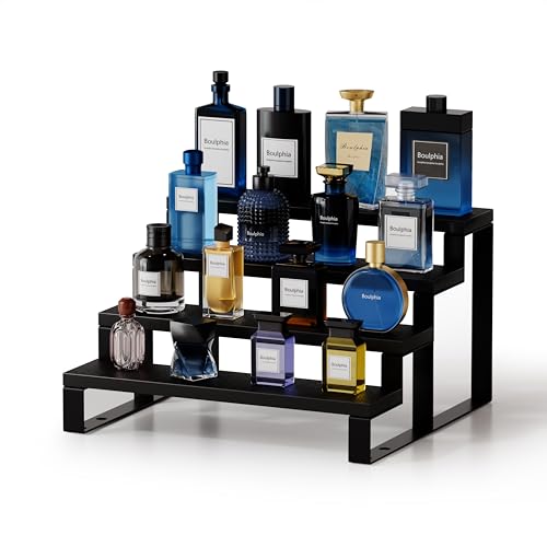 Boulphia Cologne Organizer for Men, 12 Inch Wood Cologne Stand 4 Tier Perfume Organizer for Dresser, Versatile Step Display Stand Shelf for Fragrance, Skincare, Figurine, Dessert, 1 Set Black