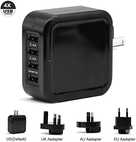 TJ8 25W USB Travel Power Adapter,Portable 5A 4-Port Universal Wall Charger with US UK EU AUS Plug/SmartID Technology for iPhone,iPad,Samsung Galaxy,Nexus,Tablets and Android Smartphone (black)