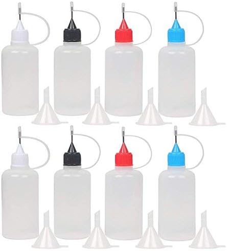IMISNO Precision Tip Applicator Bottles,50ml 8 Bottles and 8 Funnel,DIY Quilling Glue Applicator, Oiler Bottle, and Alcohol Ink to Use on Yupo Paper