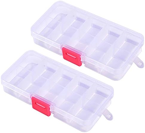 LEFV™ Small Storage Box with 10 Compartments Plastic Separable Jewelry Case Organizer Pills Classified Container, Pack of 2 (Clear with Red Buckle)