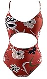 Agreya Women's high Slit Halter Back one-Piece Swimsuit (Rusty red Flowers, XL)