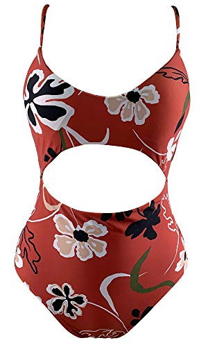 Agreya Women\'s high Slit Halter Back one-Piece Swimsuit (Rusty red Flowers, XL)
