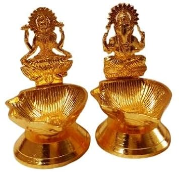 HPANDEY Lakshmi & Ganesh Diya Brass Oil Lamp Sitting Diya Deepak Decorative MATA Lakshmi & Lord Ganesh Showpiece Metal Gold Plated Oil Lamp for Gifts Corporate Puja- Diwali Puja Gift Gifting Item