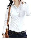 POGT Women's Tailored Long Sleeve Button Down Shirt with Stretch ,White ,M-US 4