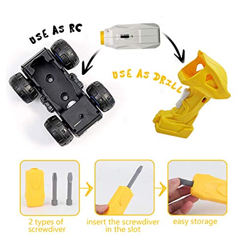 QUN FENG Take Apart Toys Remote Control Car 2 in 1 Construction Truck School Bus Taxi with Electric Drill 2.4G Stem Building Learning Toys for Boys 3,4,5,6,7 Year Olds