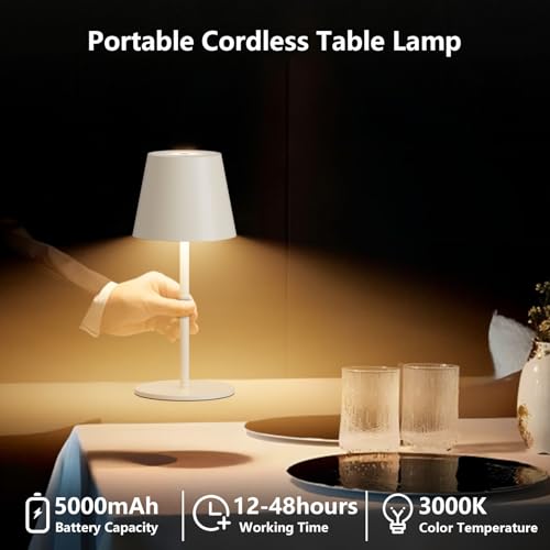 lundwa Dimmable LED Battery Table Lamp Beige 26 cm, 5000 mAh (5 V 2 A) Camping Lamp Battery Rechargeable, 3 W 3000 K Table Lamp Wireless, IP54 Outdoor Table Lamp for Restaurant, Bedroom, Garden, Office (Pack of 2)
