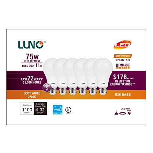 LUNO A19 Dimmable LED Bulb, 11W (75W Equivalent), 1100 Lumens, 2700K (Soft White), Medium Base (E26),UL & Energy Star (6-Pack)