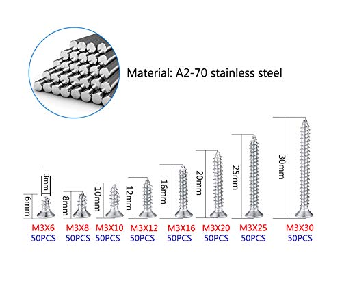 400pcs M3 304 Edelstahl Flachkopf Selbstschneidende Schrauben Kit,flacher Kopf Holzschraube Kit für Hausgemachte… – Bild 3