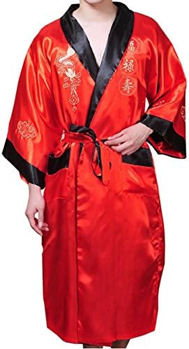 QYQS Men's Chinese Dragon Pattern Embroidered Kimono Yukata Robe Two-sided Wear Red