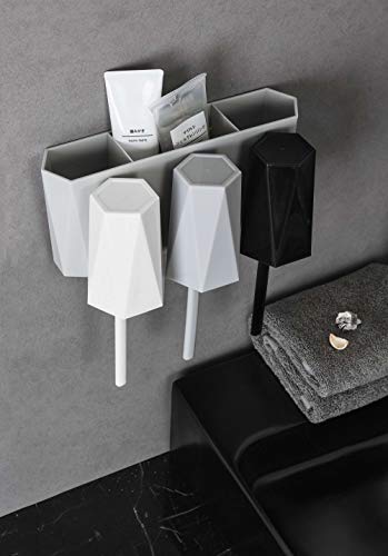 CY craft Toothbrush Holder Wall Mount,No Drilling Toothbrush Storage Set with 3 Cups, Plastic Bathroom Accessories Organizer and Electric Toothbrush/Toothpaste Stand,Black,White and Grey,Pack of 1