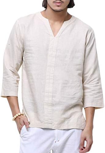 Men's Linen and Cotton Popover Shirt Casual Vintage Long Sleeve Collarless Shirt
