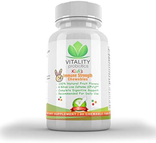 Kids Immune Strength Chewables 60ct. 4 Billion CFUs**/Serving. Promotes Healthy Digestive and Immunity. Made for Kids Ages 4 and up. Delicious Strawberry Flavor. 100% Vegetarian & No Preservative