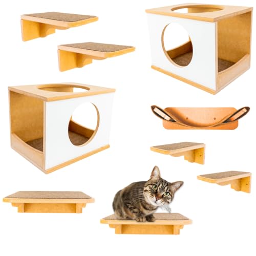 Playground Para Gatos 9Pçs Premium Resistente Já Montado Com Kit Fixação e Rede (PRETO) (Branco)