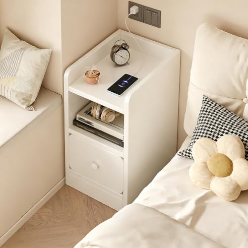 Beauenty Bedside Table Narrow Nightstand, Single Drawer Gap Bedside Cabinet, 20cm Wide Simple Night Stand for Rental Apartment, Small Bedroom, Living Room (White) (20 * 30 * 50CM)