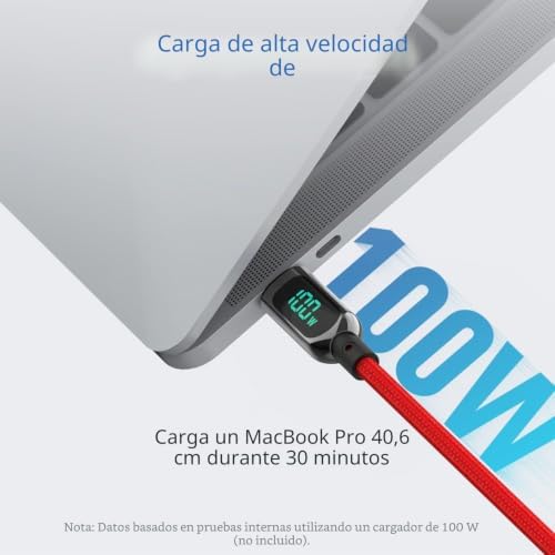 Cabo entrançado de nylon para carregamento rápido USB-C, cabo USB tipo C com ecrã LED para lPhone 15/15 Pro/15 Plus/15 Pro Max, lPad Air, MacBook Pro, Galaxy S23/S22 (2M, Vermelho)