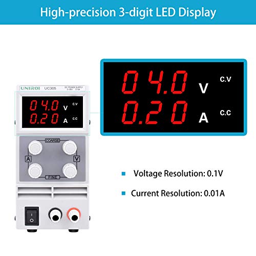 UNIROI DC Power Supply Variable, 0-30V/0-5A Output Adjustable Switching Regulated Power Supply with 3-Digit LED Display, Alligator Clip Leads (Banana Plug and Spade Connector), Input Power Cord UC305